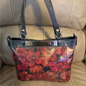 Floral Red Leather Tote Bag - Black Trim